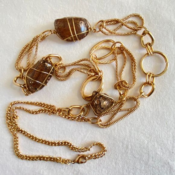 Mixed Chain Opera Length Necklace Wired Brown Lucite Stones - Picture 4 of 12